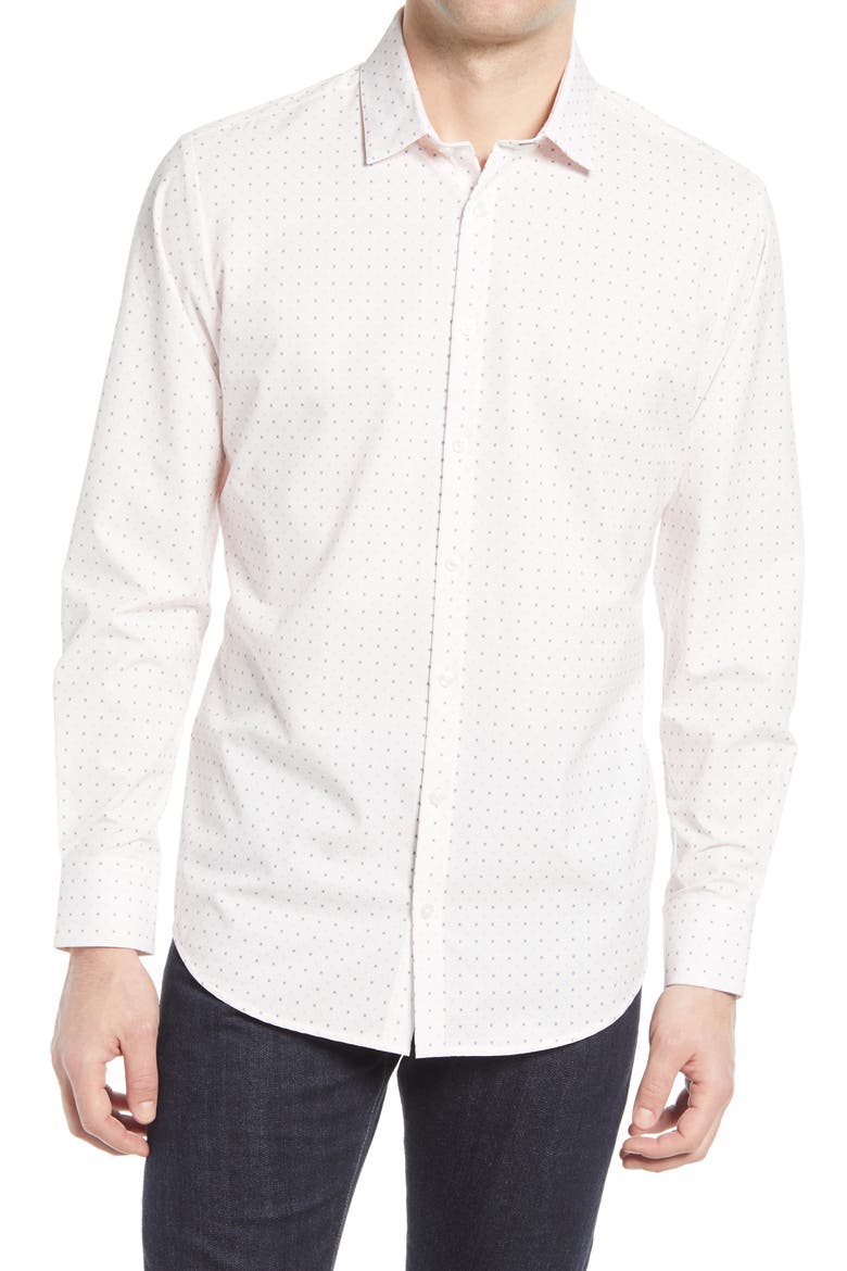 Leeward Stretch Dot Button-Up Shirt, Main, color, PINK CHECK WITH PRINT
