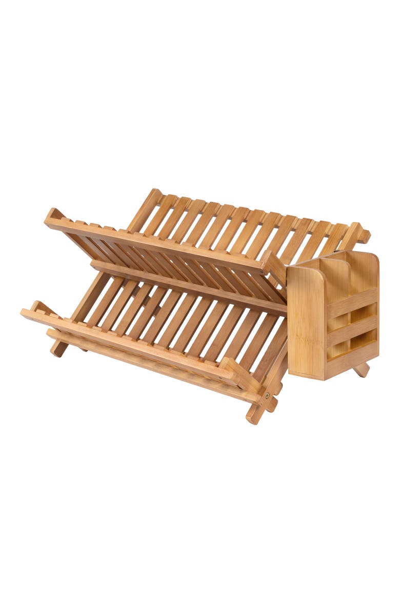 Arlen Farmhouse  Foldable 2-Tier Dish Drying Rack with Detachable Utensil Holder, Main, color, Brown