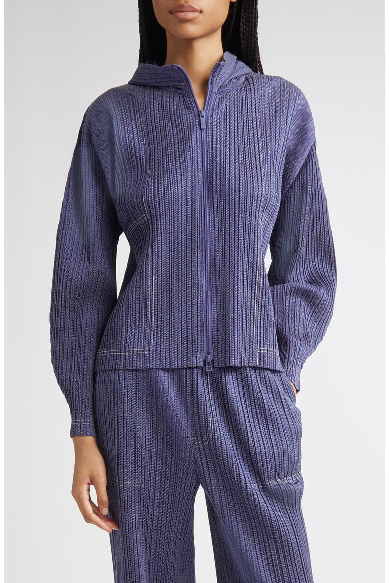 専用- ISSEY MIYAKE フード付きジャケット グレー/ブルー Pleats Please Issey Miyake Trompe l'Oeil Pleated Full Zip Jacket