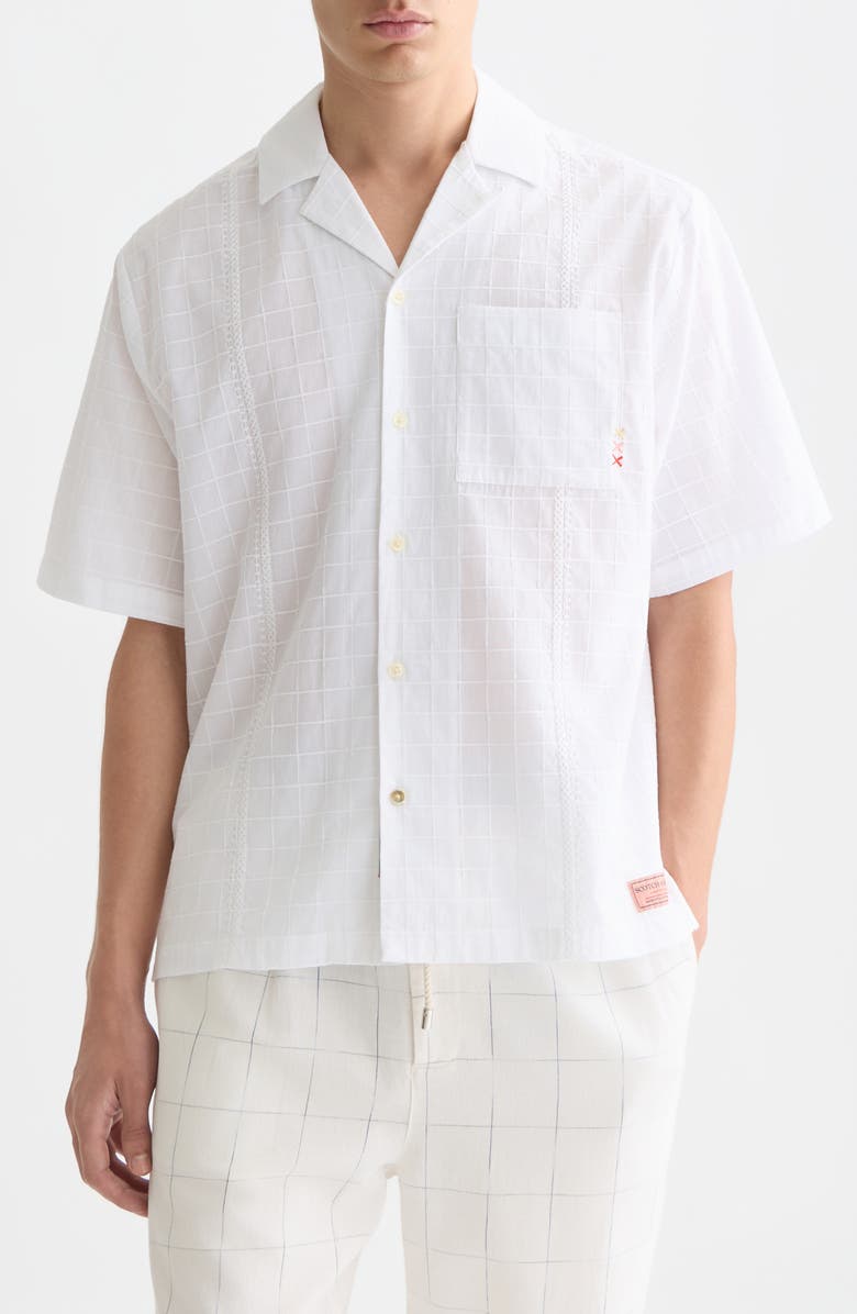 Scotch & Soda Windowpane Relaxed Fit Short Sleeve Button-Up Shirt, Main, color, Bright White