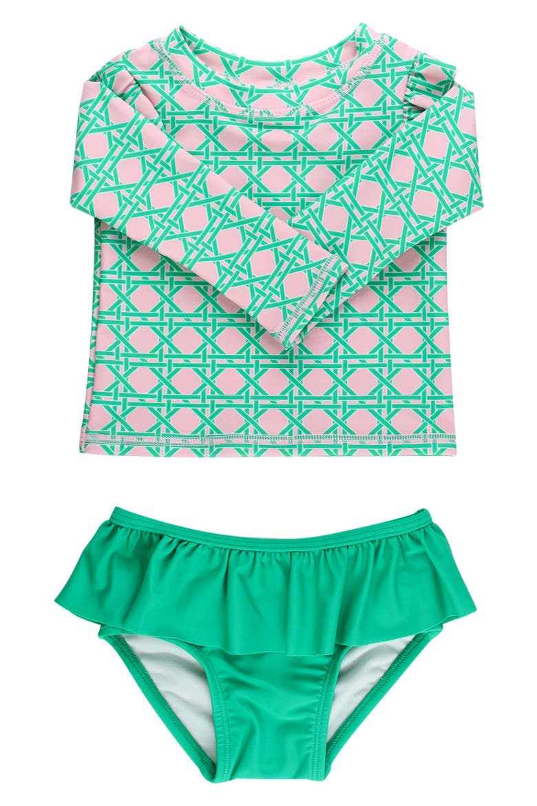 Kids' Coastal Cane Ruffle Long Sleeve Two-Piece Rashguard Swimsuit, Main, color, GREEN