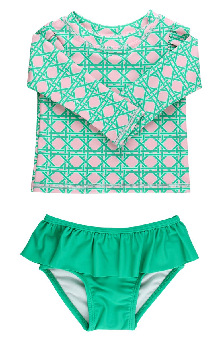 RuffleButts Kids' Coastal Cane Ruffle Long Sleeve Two-Piece Rashguard Swimsuit, Main, color, Green