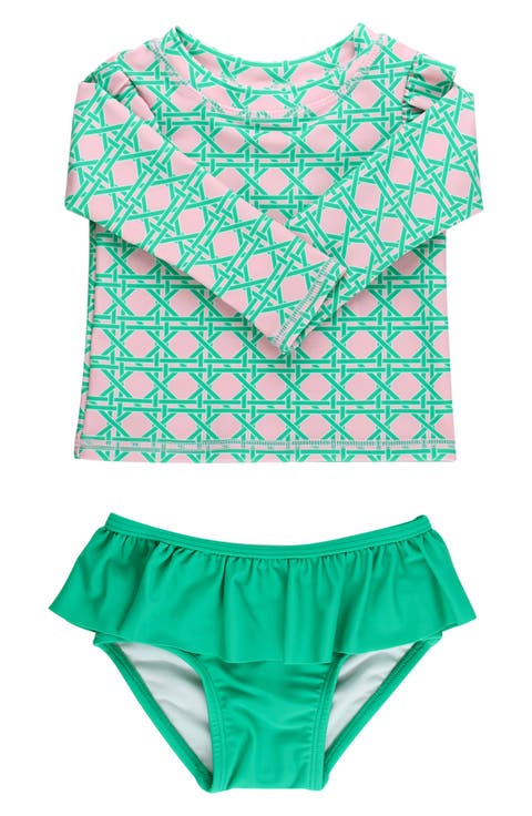 Kids' Coastal Cane Ruffle Long Sleeve Two-Piece Rashguard Swimsuit (Baby & Toddler)