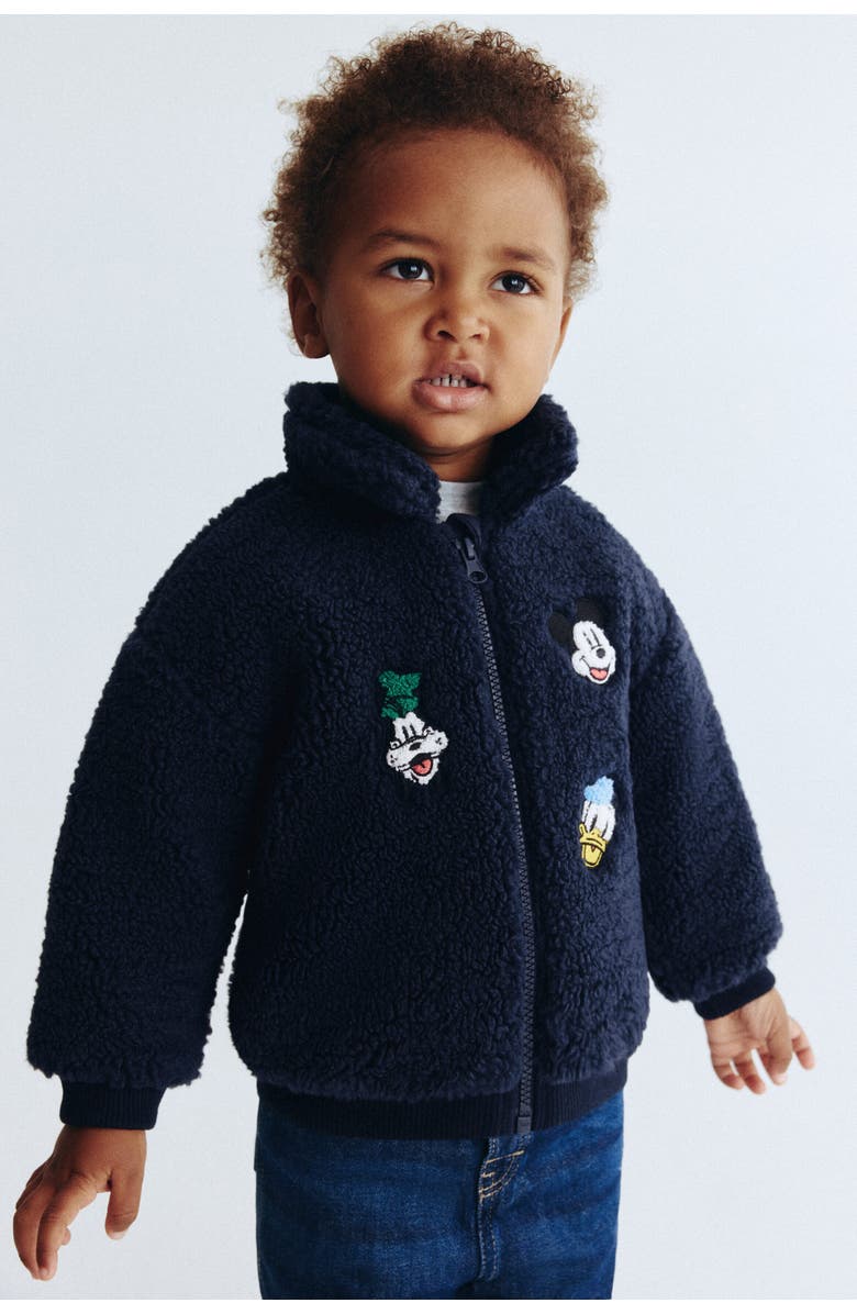 H&M Embroidery-detail Teddy Jacket, Main, color, Navy Blue/Mickey Mouse
