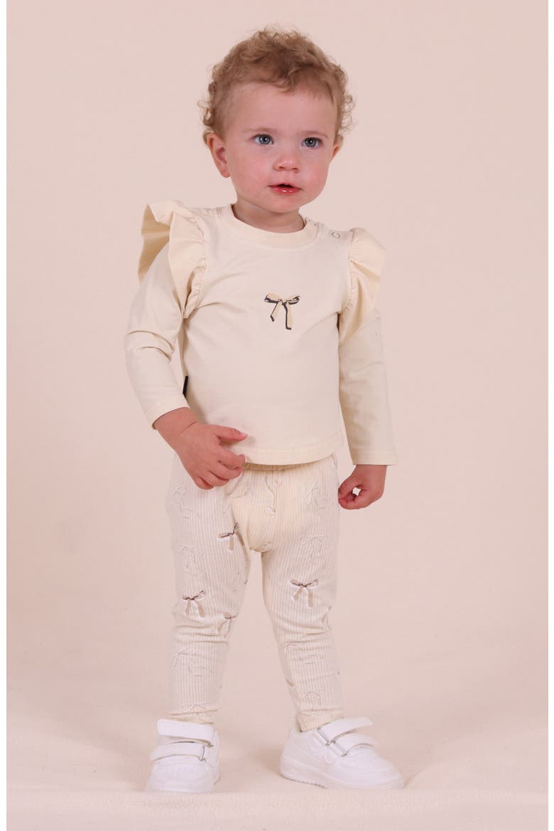 Bow Print Ruffle Top & Stripe Leggings Set, Alternate, color, CREAM