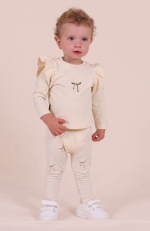 Tiny Tribe Bow Print Ruffle Top & Stripe Leggings Set In Neutral