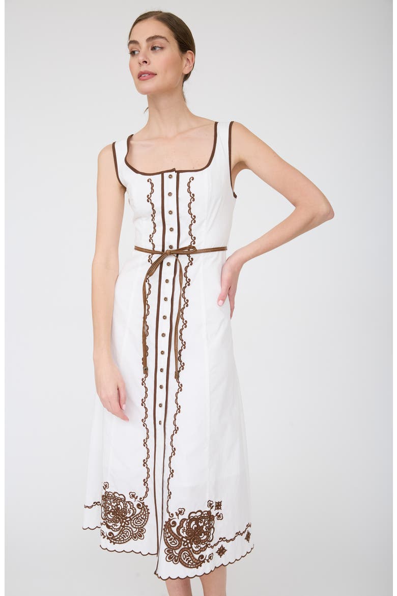 Floral Embroidered Belted Cotton Midi Dress, Alternate, color, OFF WHITE