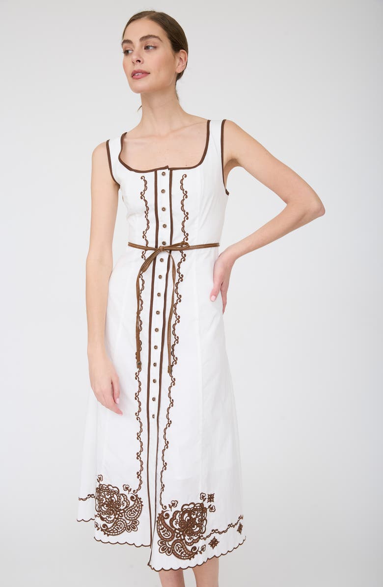 ZOE AND CLAIRE Floral Embroidered Belted Cotton Midi Dress, Alternate, color,