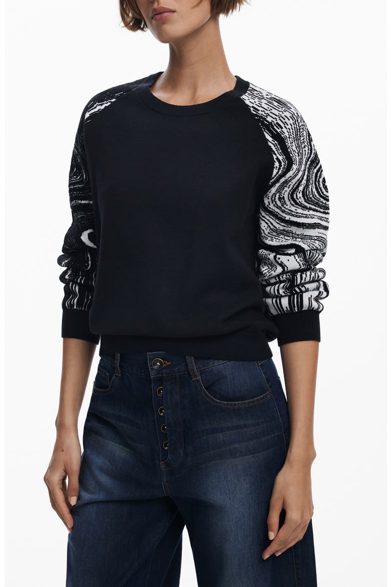 Swirl Raglan Sleeve Crewneck Sweater, Main, color, BLACK