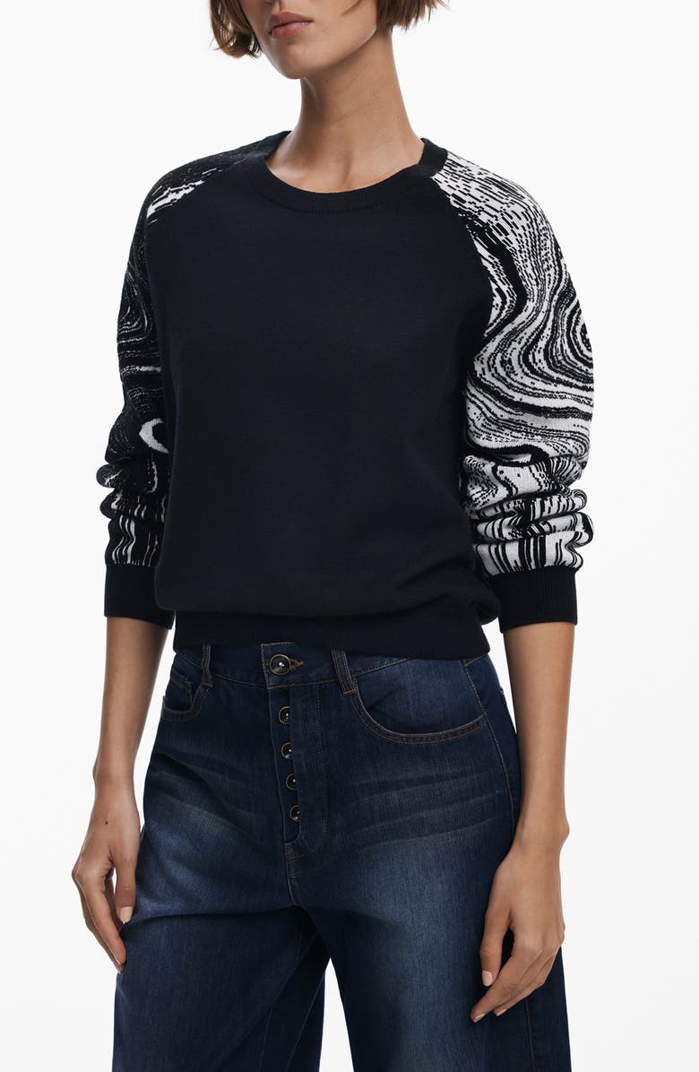 Desigual Swirl Raglan Sleeve Crewneck Sweater, Main, color, Black