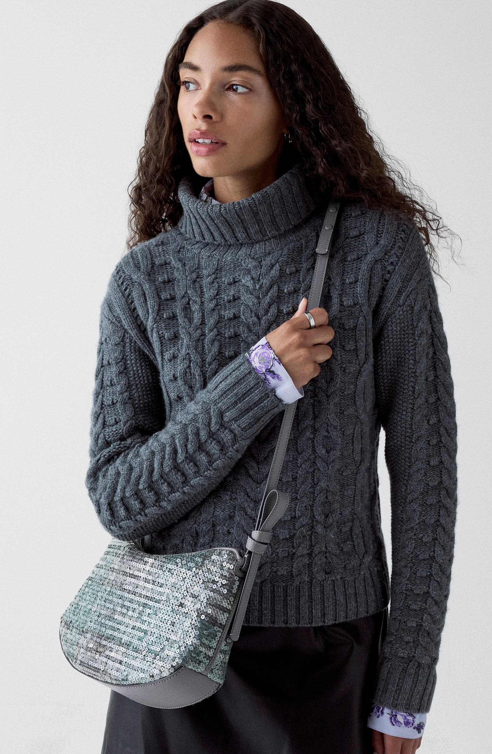 Loop Sequin Plaid Boucle Shoulder Bag, Alternate, color, GREY.