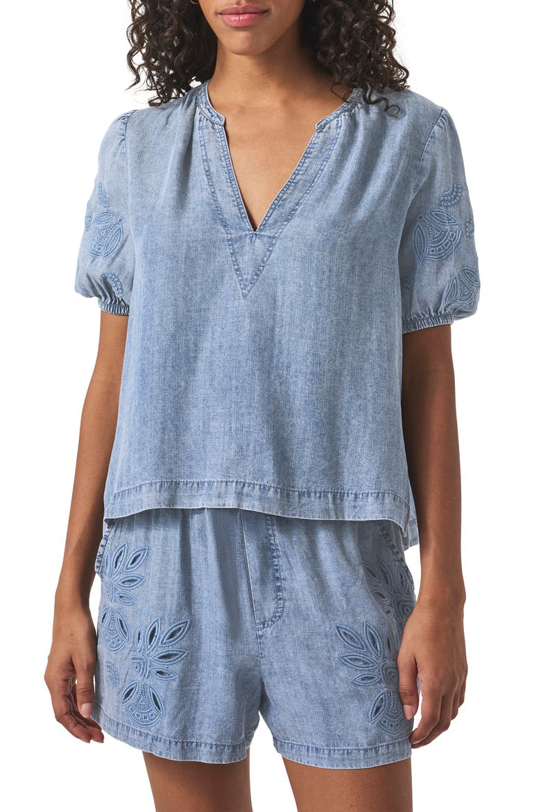 Cayden Embroidered Puff Sleeve Chambray Top, Main, color, INDIGO