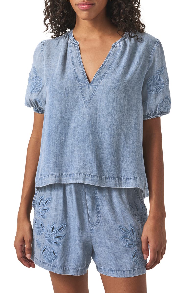 Splendid Cayden Embroidered Puff Sleeve Chambray Top, Main, color, 