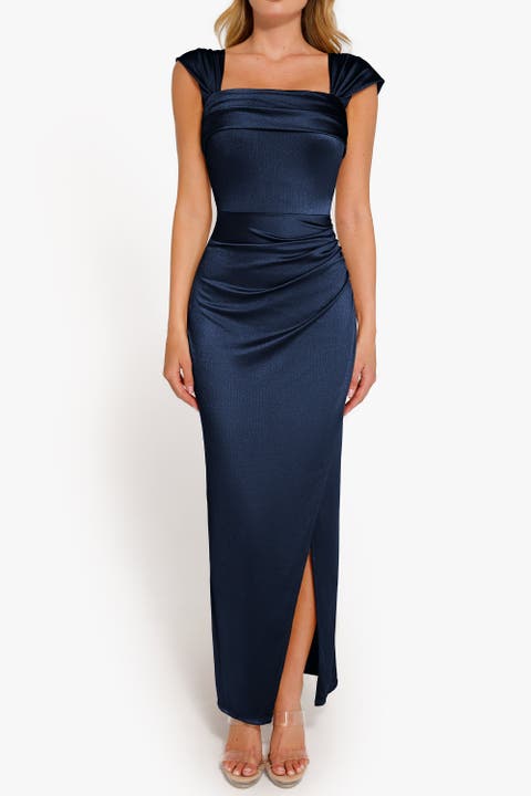 Liquid Metallic Fabric Off Shoulder Shine Ruched Sculpting Maxi Shapewear Dress