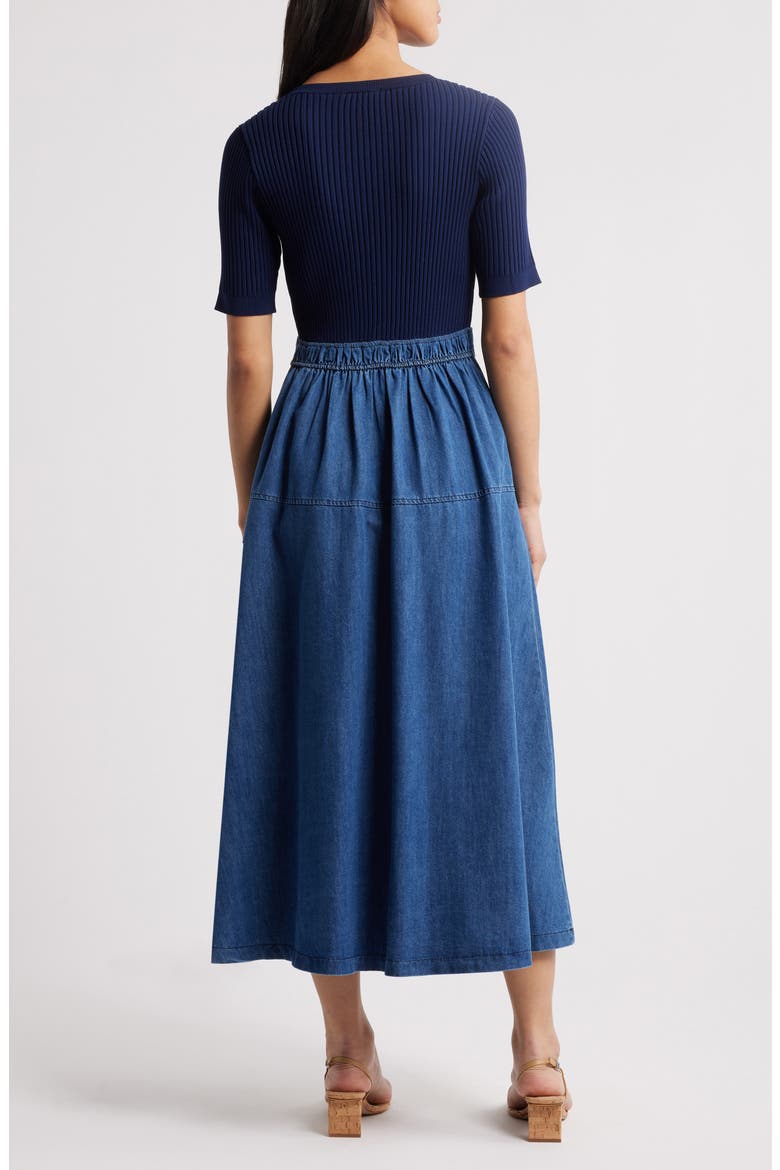 Mixed Media Denim Dress, Alternate, color, NAVY