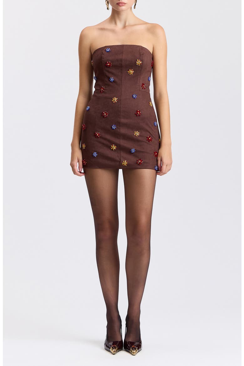 Gem Embellished Faux Suede Strapless Minidress, Alternate, color, MULTI GEM - CHOCOLAT