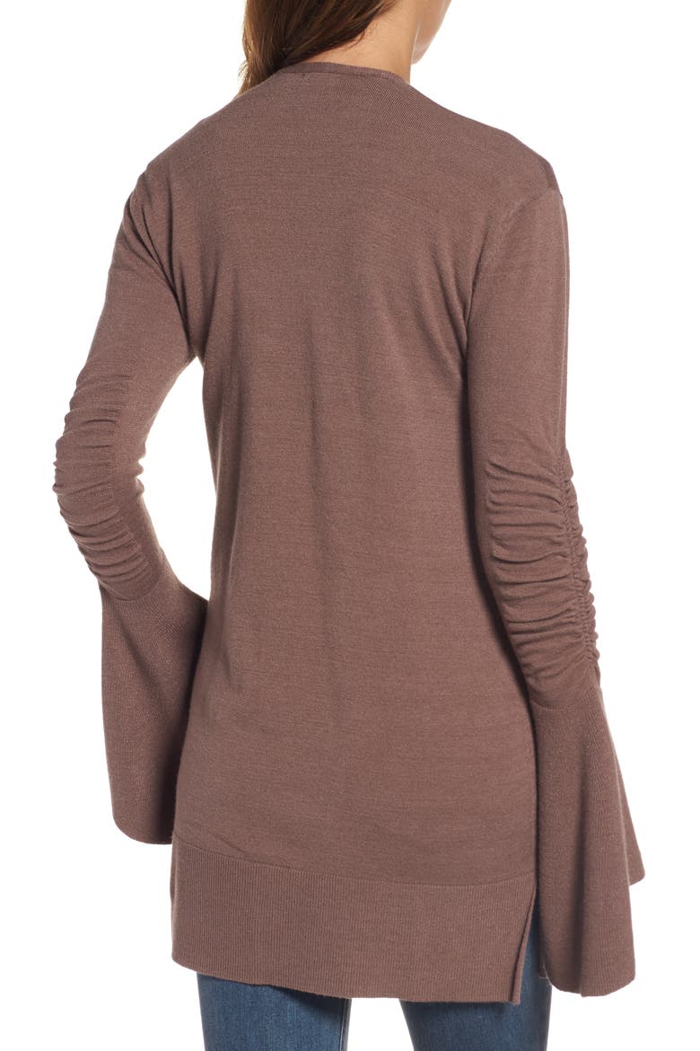 Ruched Bell Sleeve Cardigan, Alternate, color, BROWN TAUPE