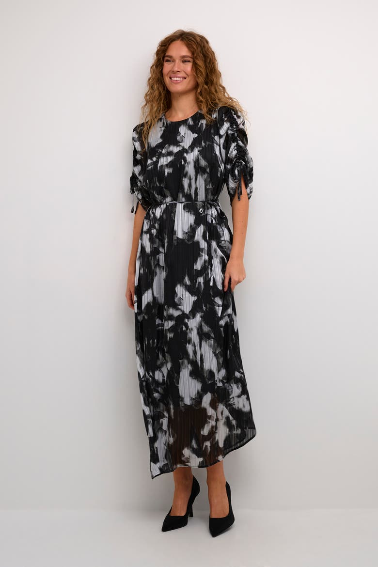 Kalifa Chiffon Half Sleeves Maxi Dress, Main, color, Black/Grey Blurry