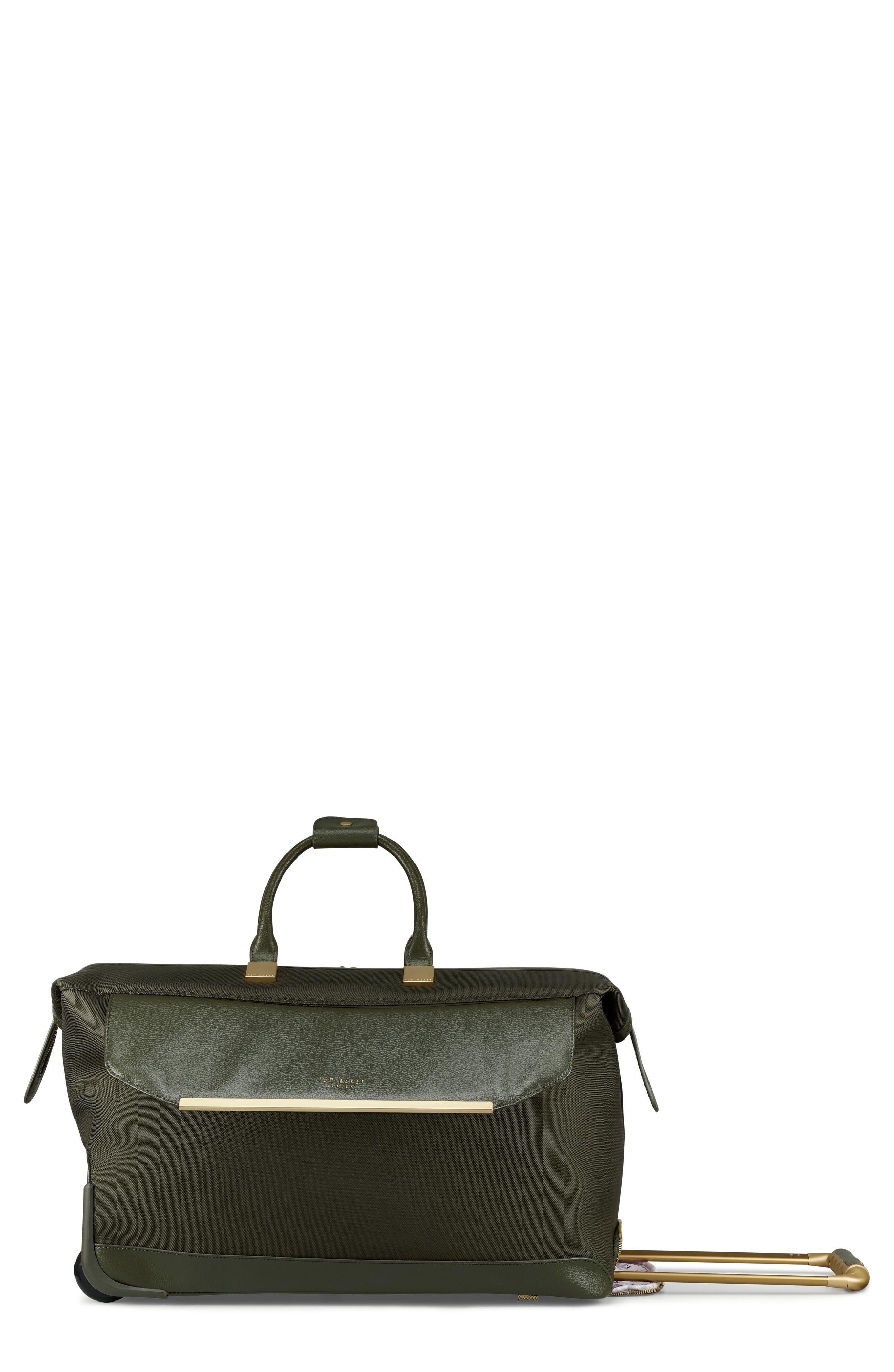 Ted Baker London Albany Softside Rolling Leather & Twill Weekend Bag, Main, color, 