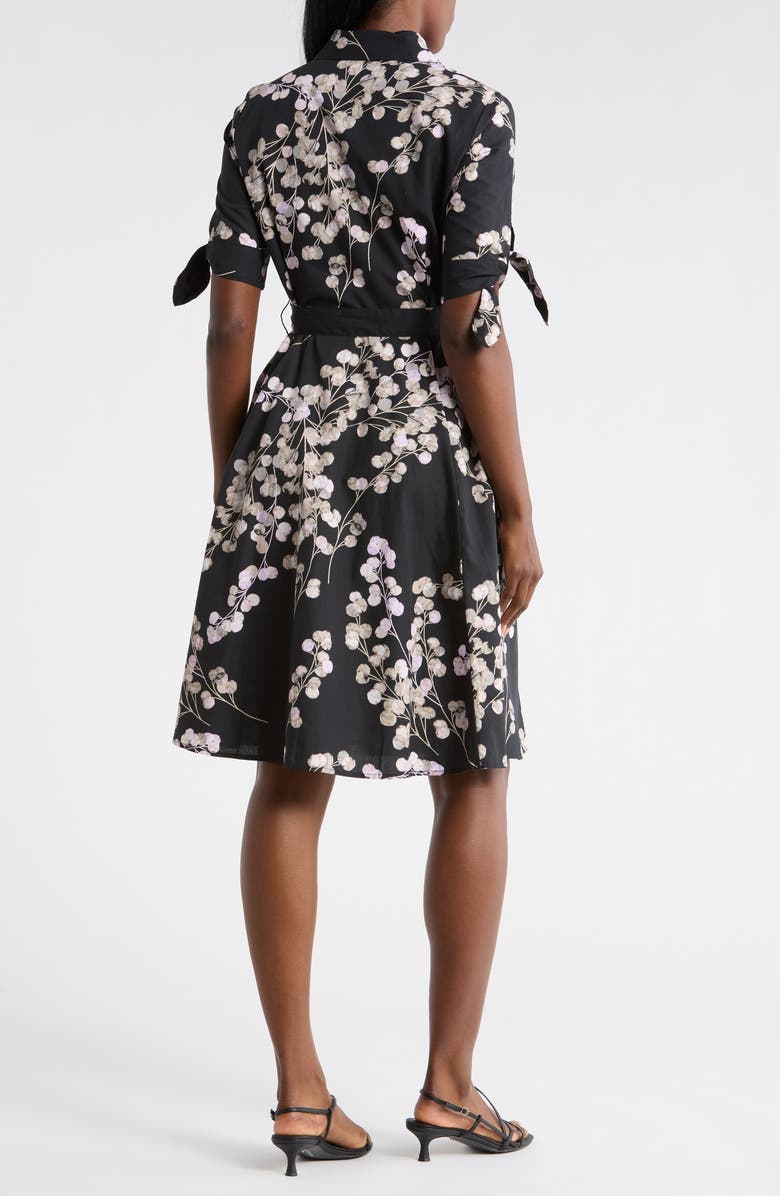 Calvin Klein Floral Short Sleeve Tie Cotton Shirtdress, Alternate, color, Black/ Cherry Blossom Multi