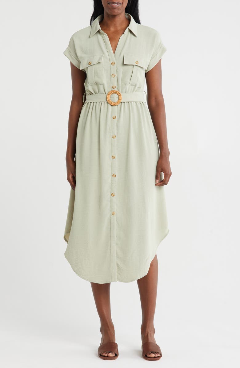 ZOE AND CLAIRE Belted Short Sleeve Shirtdress, Main, color, Light Olive