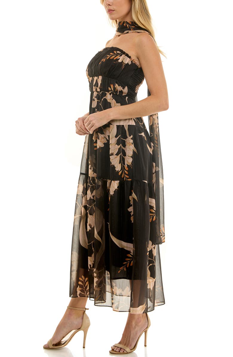 Socialite Metallic Floral Strapless Dress & Scarf Set, Alternate, color, Black/ Tan
