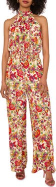 Vince Camuto Floral Print Smocked Waist Sleeveless Wide Leg Jumpsuit