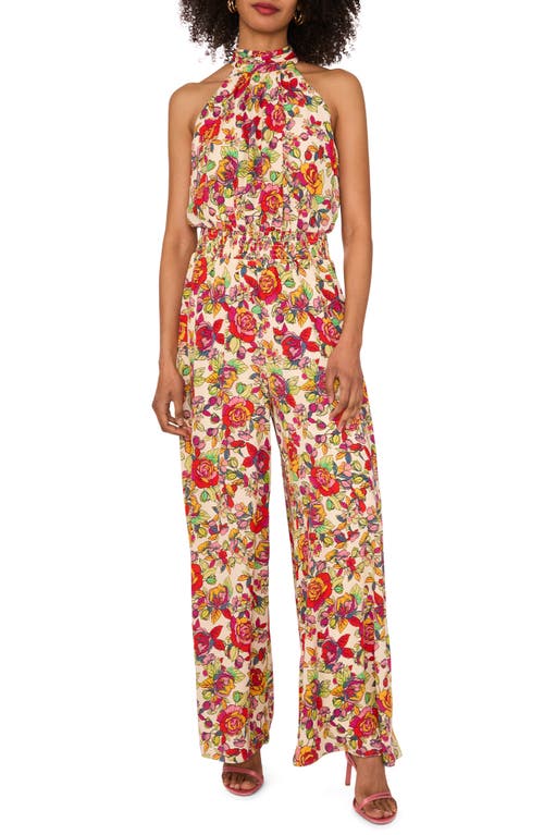 Shop Vince Camuto Floral Print Smocked Waist Sleeveless Wide Leg Jumpsuit In Red