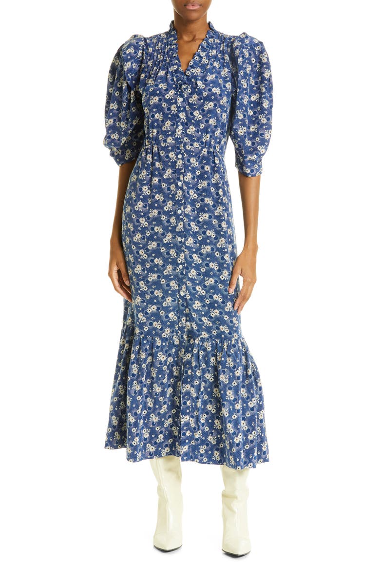Josefine Floral Print Ruffle Hem Silk Dress, Main, color, BLUEBERRY