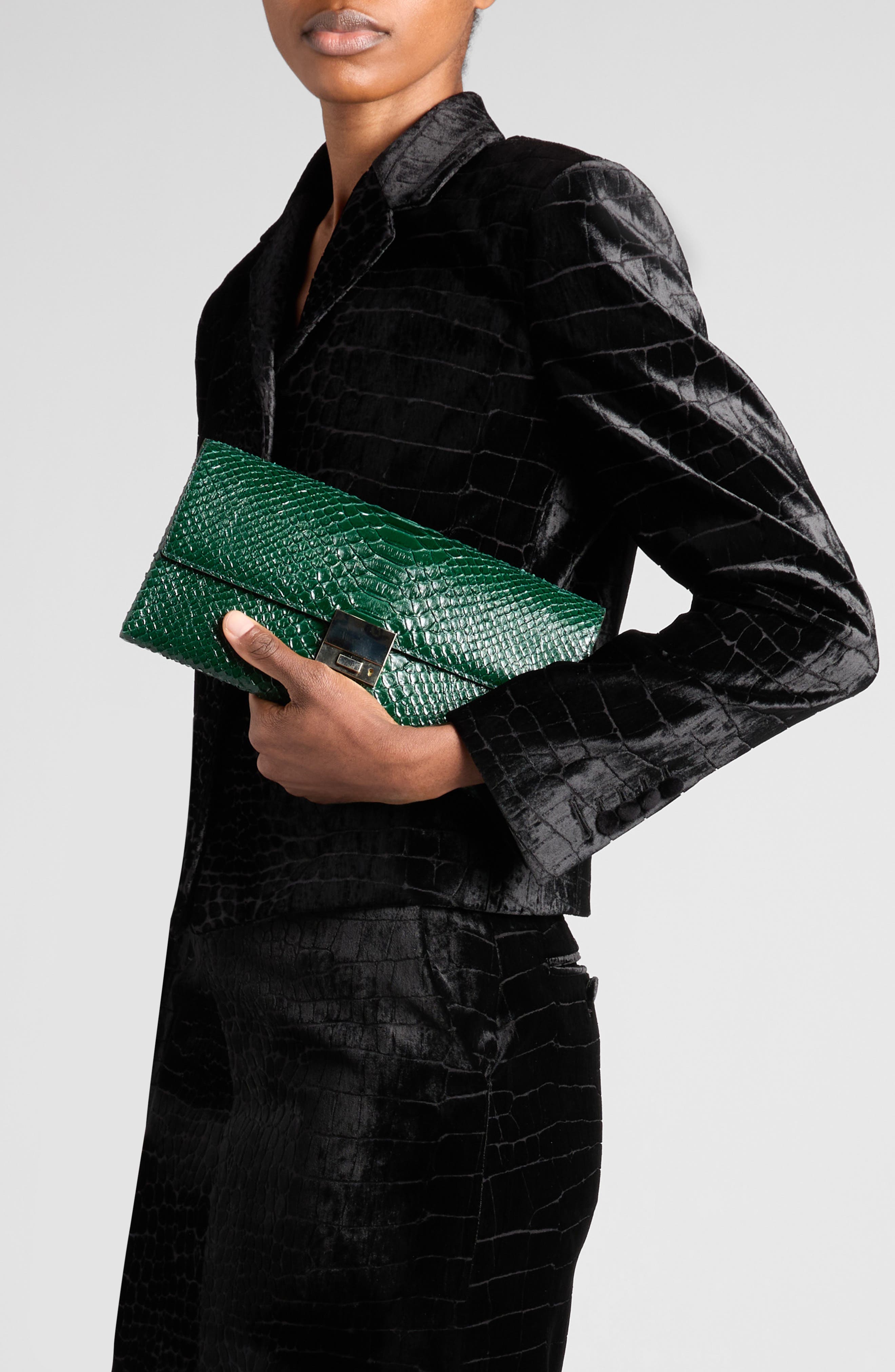 Jean Python Embossed Leather Clutch, Alternate, color, EMERALD GREEN