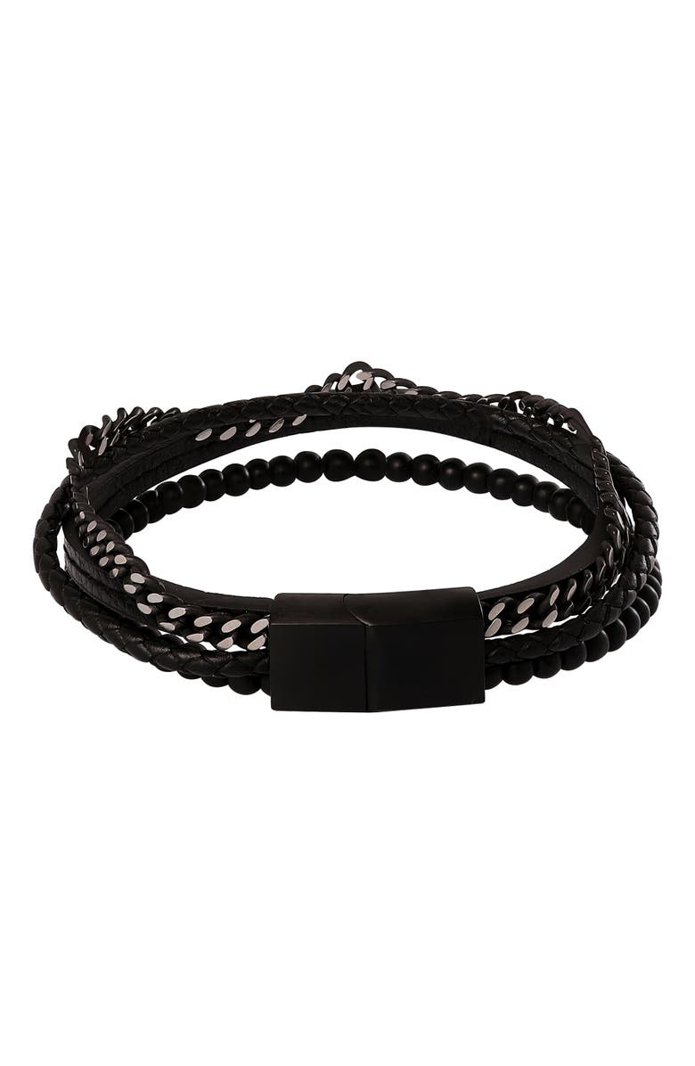Lucky Brand All Black Beaded & Leather Layered Bracelet with Magnetic Clasp, Alternate, color, Black