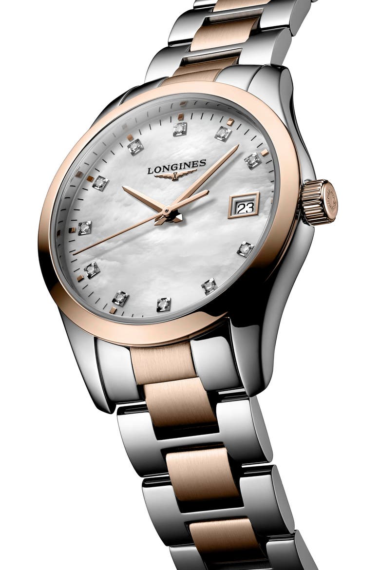 Conquest Classic Diamond Index Bracelet Watch, 34mm, Alternate, color, STAINLESS STEEL