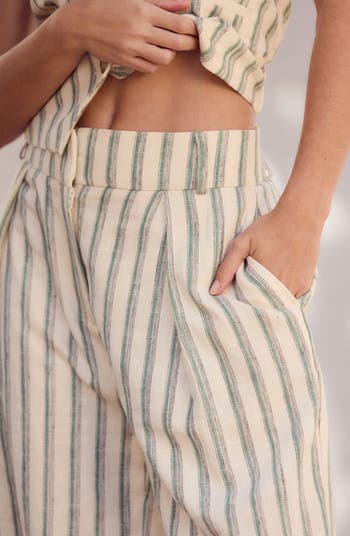 Elastic Back Stripe Wide Leg Linen Pants