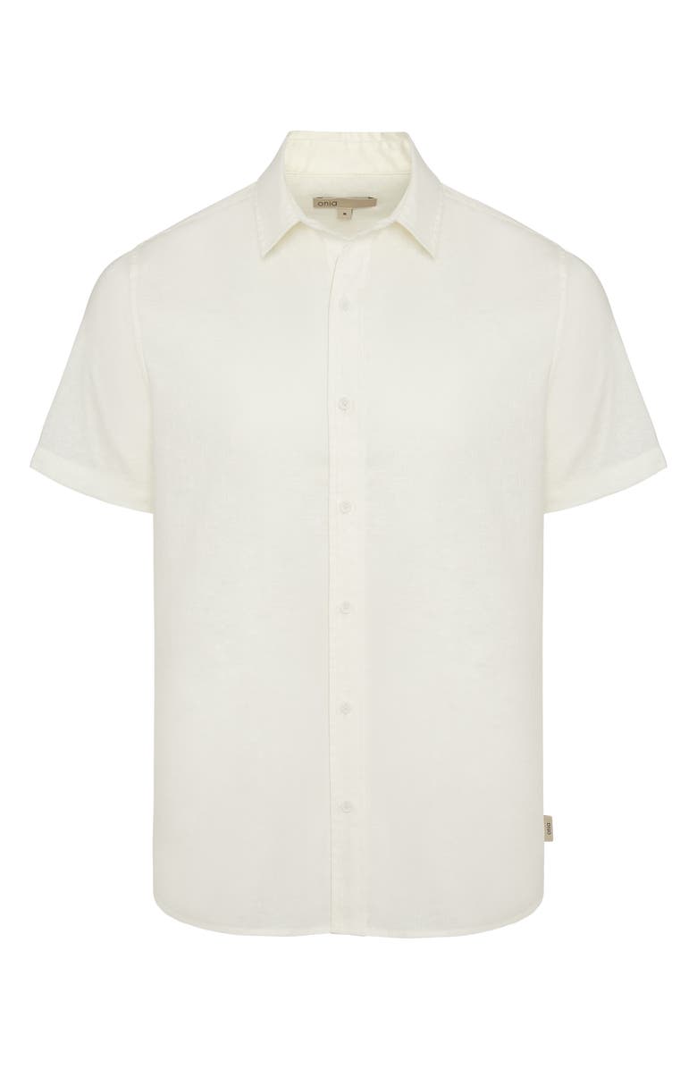 Onia Short Sleeve Stretch Linen Blend Button-Up Shirt, Main, color, White
