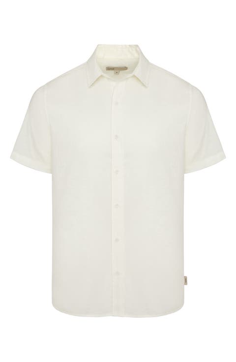 Short Sleeve Stretch Linen Blend Button-Up Shirt