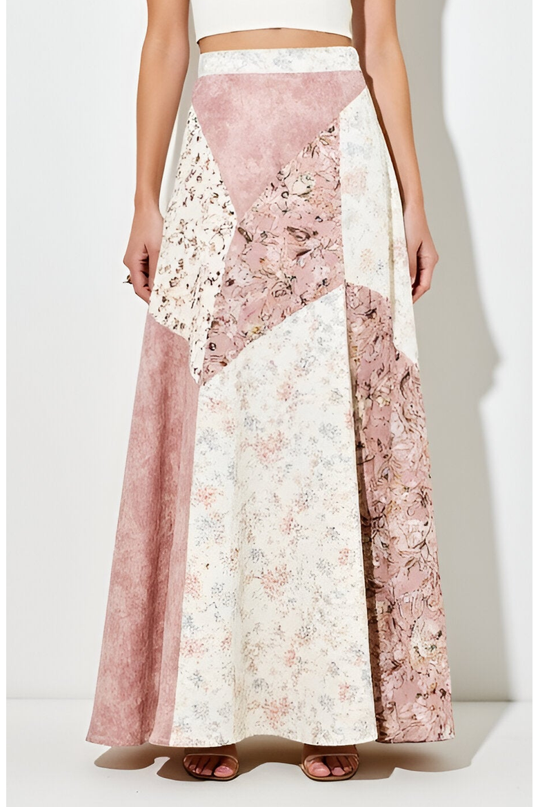 Patchwork Floral Chevron Panel Maxi Skirt, Main, color, Patchwork Floral