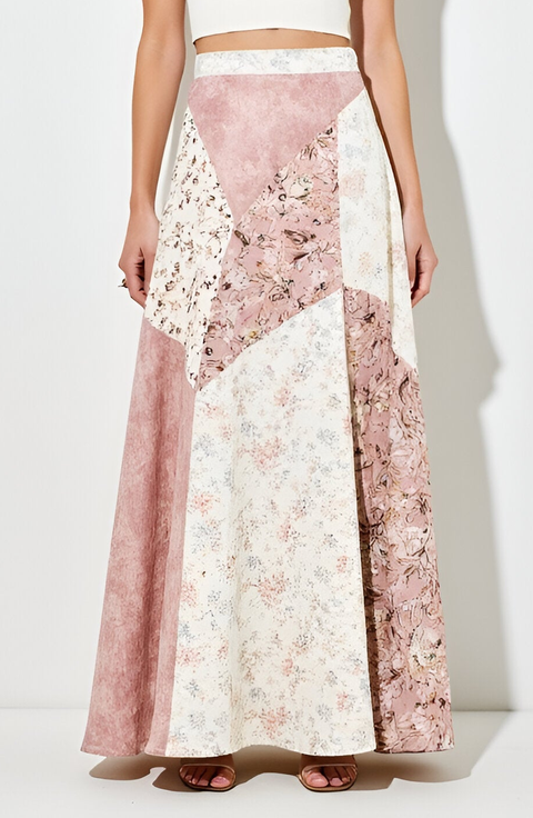 Patchwork Floral Chevron Panel Maxi Skirt