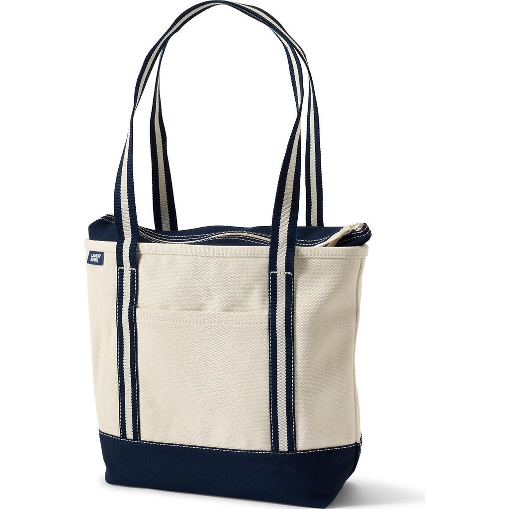 Lands' End Lands’ End Canvas Open Top Tote Bag Regular & Long Handle Carry All - Stylish for Work Travel Beach Errands Great Gift in Natural/navy