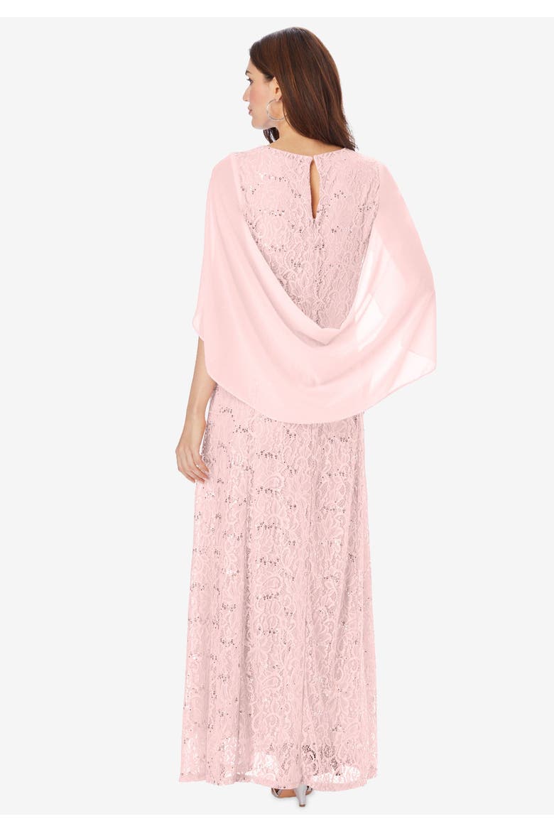 Plus Size Allover Lace Gown With Capelet, Alternate, color, PALE BLUSH