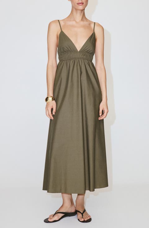 V-Neck Shirred Lyocell Blend Dress