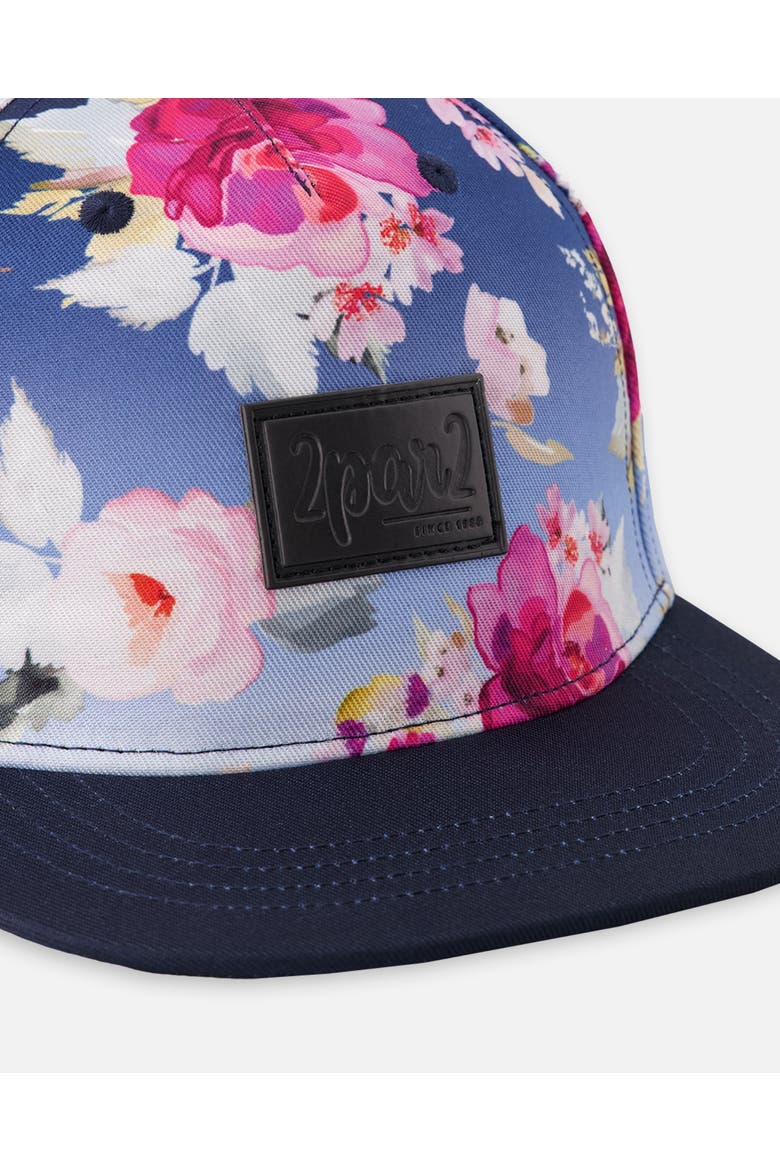 Flat Brim Flower Print Cap, Alternate, color, Blue with Roses Print