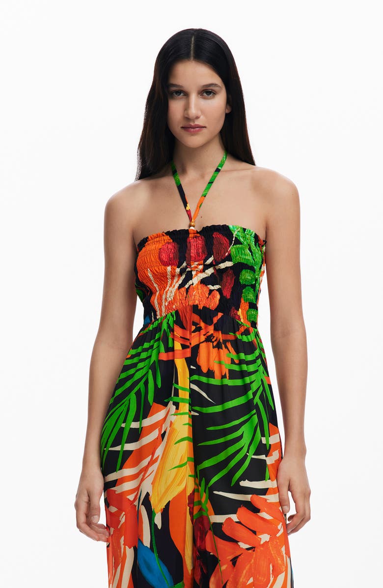 Desigual Tropical Print Halter Cover-Up Jumpsuit, Alternate, color, Black