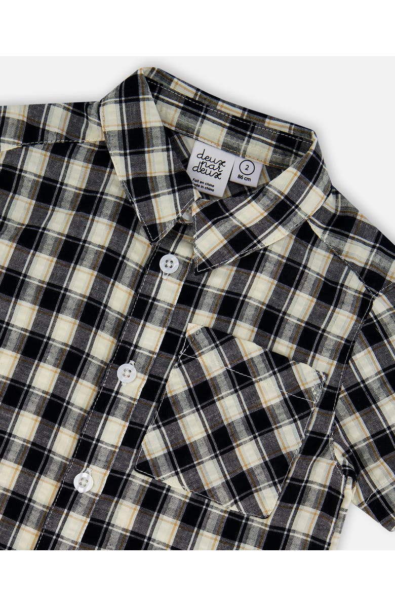 Deux par Deux Boy's Short Sleeve Button Down Shirt Black And Beige Plaid, Alternate, color, 