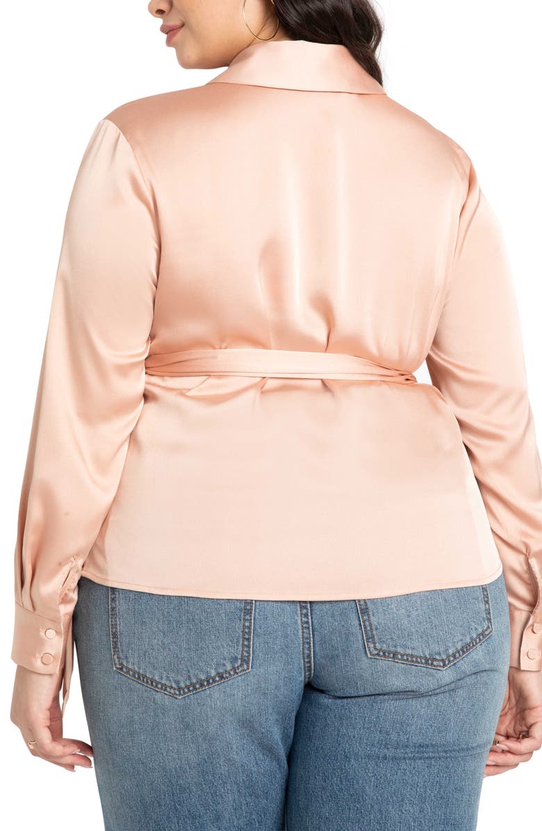 ELOQUII Collared Satin Wrap Top, Alternate, color, Blush