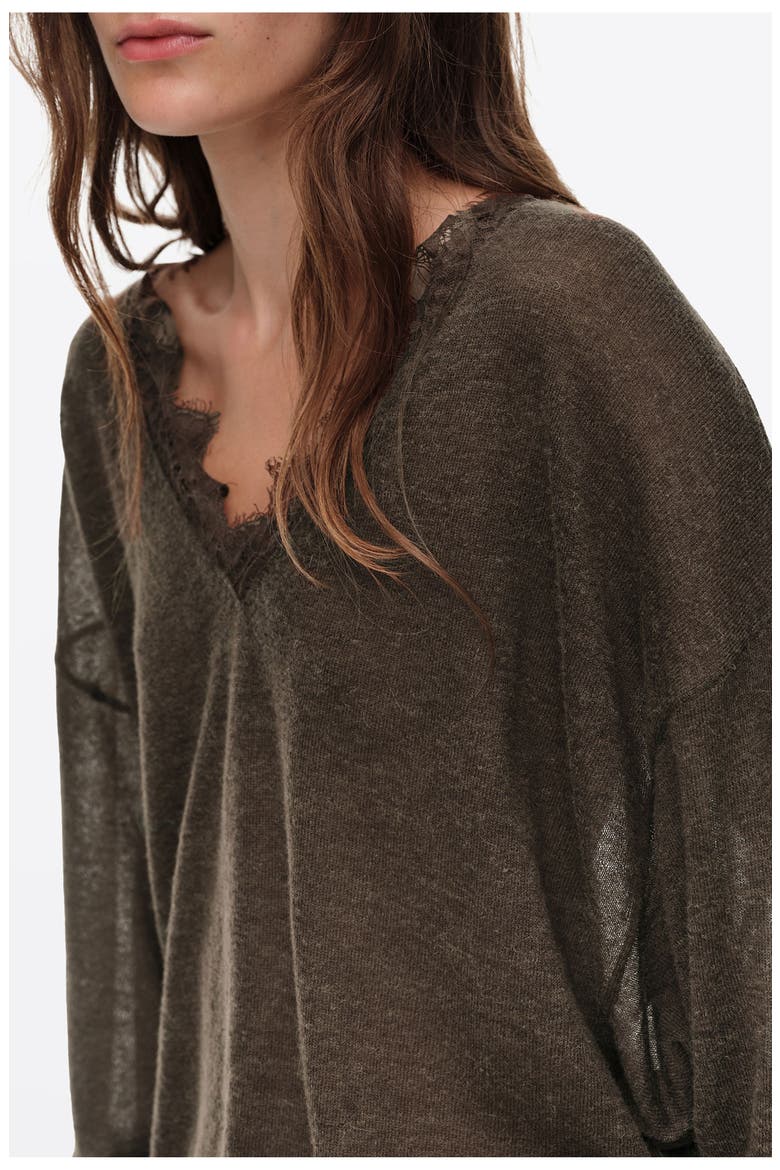 Long Wool Blend Lace Trim Sweater, Alternate, color, CHOCOLATE