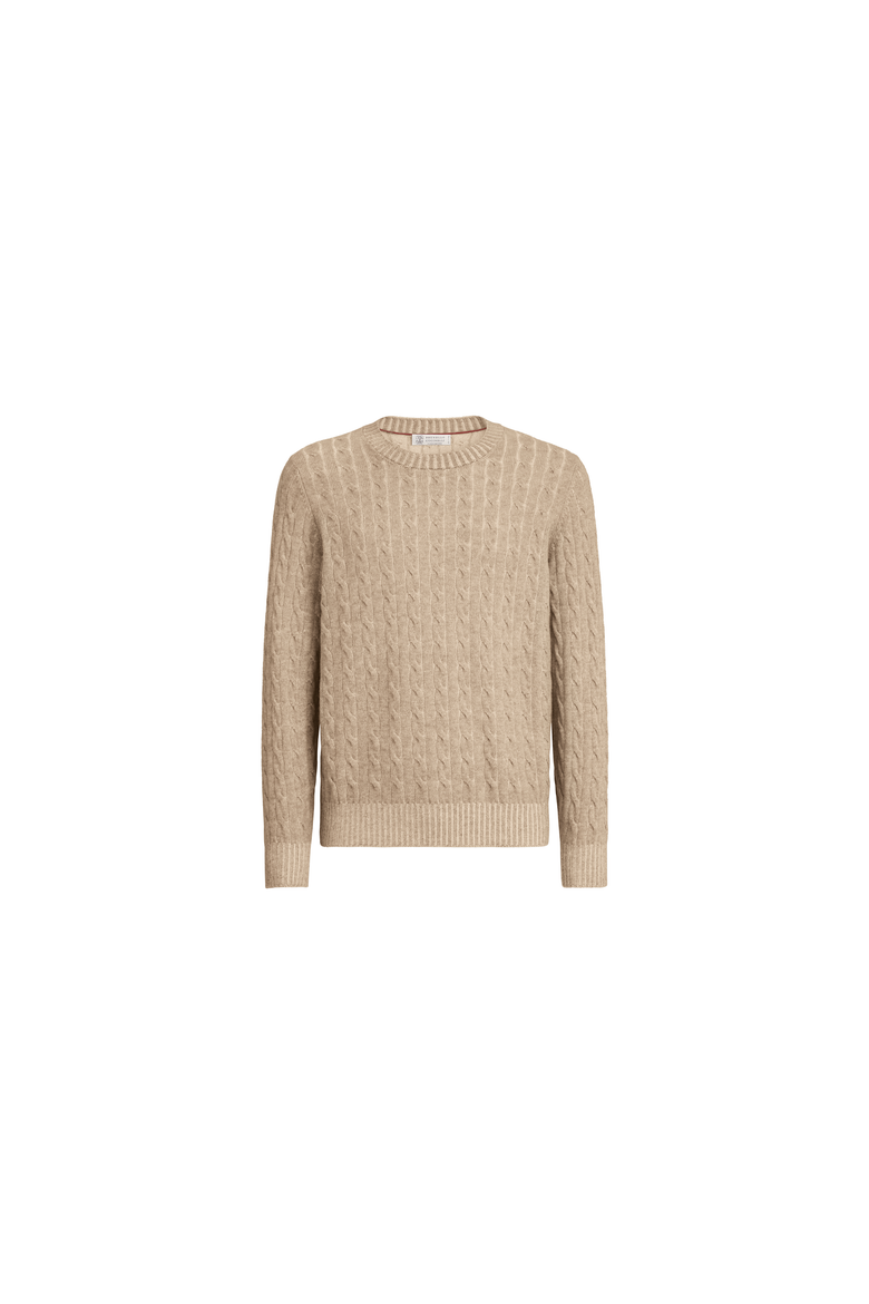 Cashmere vanisé cable knit sweater, Alternate, color, Brown