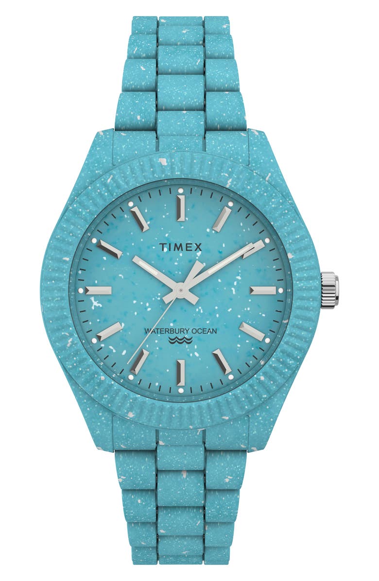 Timex<sup>®</sup> Waterbury Ocean Recycled Plastic Bracelet Watch, 37mm, Main, color, Blue/ Blue/ Blue