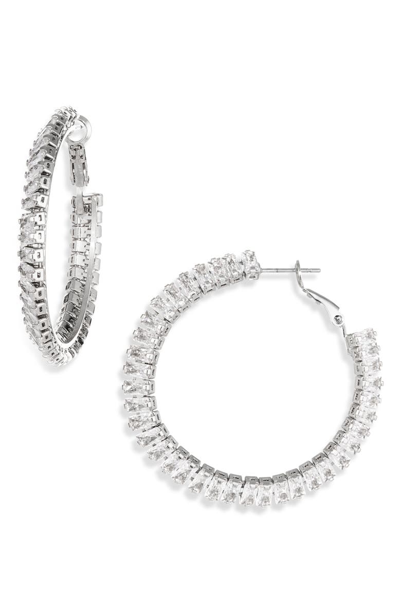 Tasha Baguette CZ Hoop Earrings, Main, color, Silver