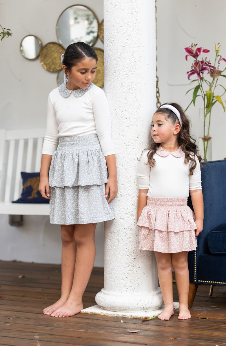 Manière Kids' Floral Peter Pan Collar Cotton Blend Rib Top, Alternate, color, Slate