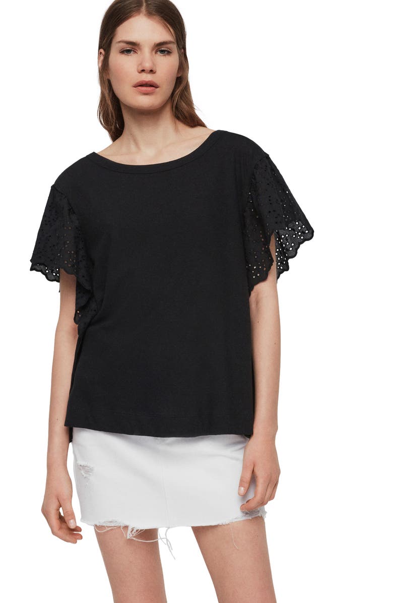 AllSaints Noja Eyelet Flounce Sleeve Cotton & Linen Tee, Alternate, color, 